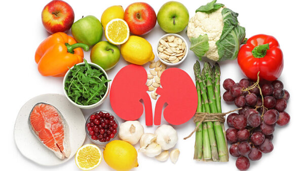 Paper cutout of kidneys and different healthy products on white background, top view